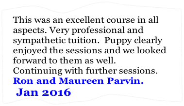 This was an excellent course in all
aspects. Very professional and 
sympathetic tuition.  Puppy clearly 
enjoyed the sessions and we looked
forward to them as well. 
Continuing with further sessions.
Ron and Maureen Parvin.
 Jan 2016 

